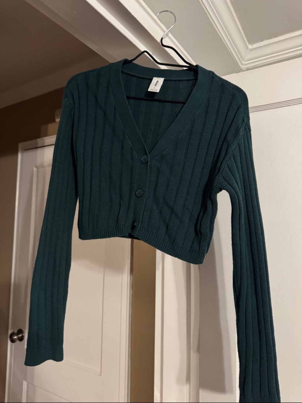 Abound Ribbed V-Neck Cropped Cardigan - Teal Green
